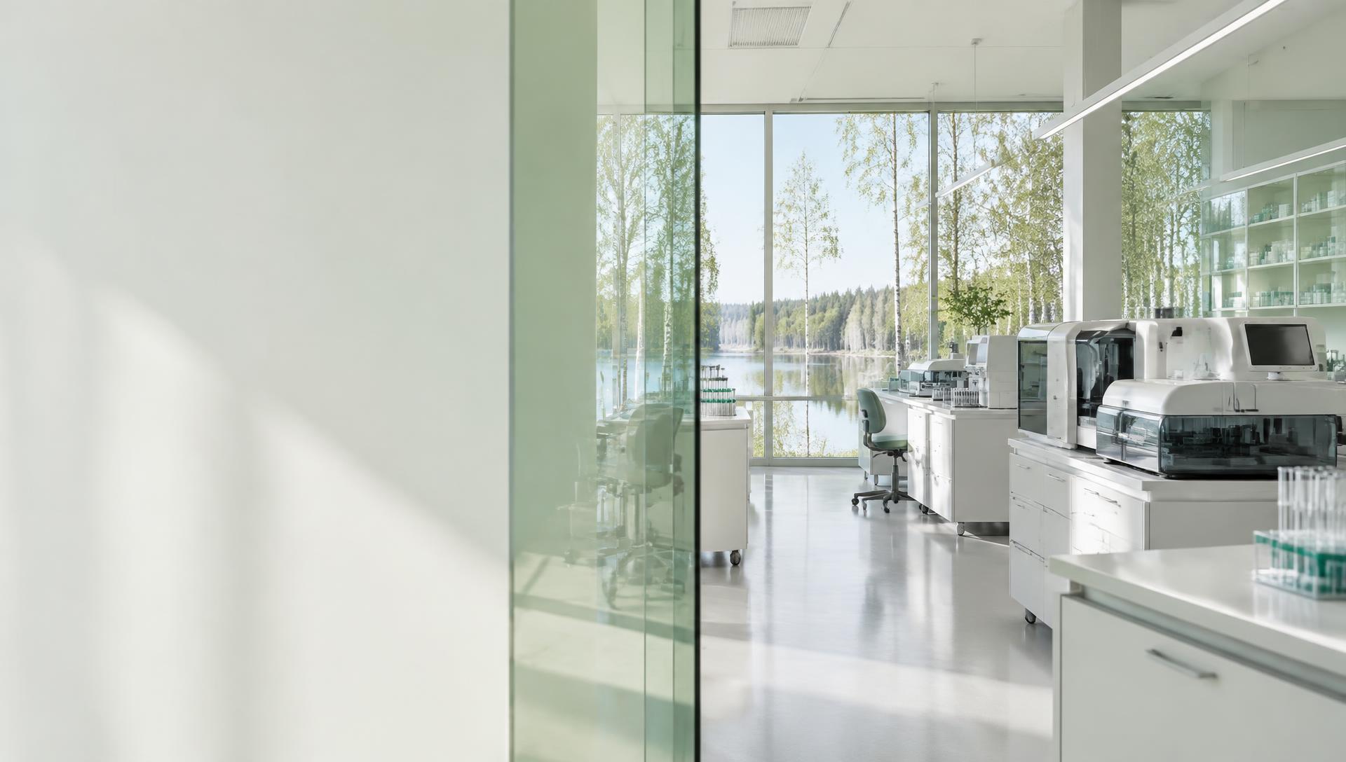 Valoisa moderni diagnostiikkalaboratorio ja automaattisia analysaattoreita